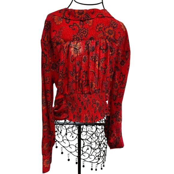 NWT Free People Top Women’s M Red Orange Floral Cropped Blouse Fall Colors - Picture 10 of 13